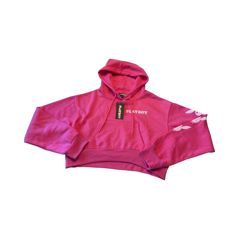 Playboy Womens Hot Pink Cropped Hoodie Embroidered Logo Bunny Sleeve Large NWT